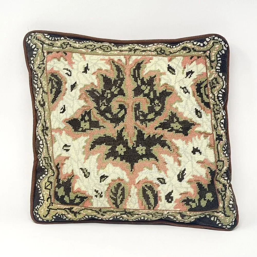 Vintage Needlepoint Pillow Peach Brown Green Leaf Design 13” x 14”